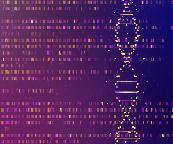 DNA sequencing is visualized as rows of rectangles in shades of purple, orange, and gold along the entire background. On the right side, a DNA strand runs vertical. 