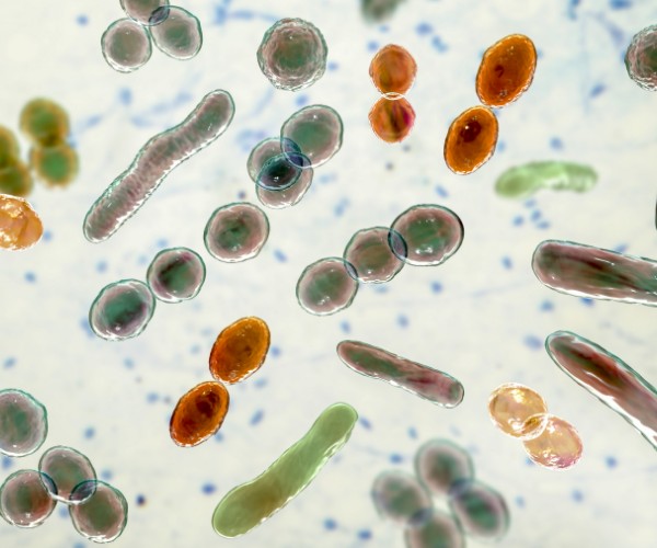 Illustration of bacteria of different shapes, including cocci and rod-shaped bacteria.