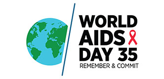 Image of a globe. World AIDS Day 35. Image of a red ribbon. Remember & commit.