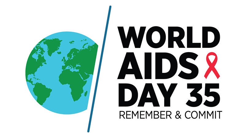 Image of a globe. World AIDS Day 35. Image of a red ribbon. Remember & commit.