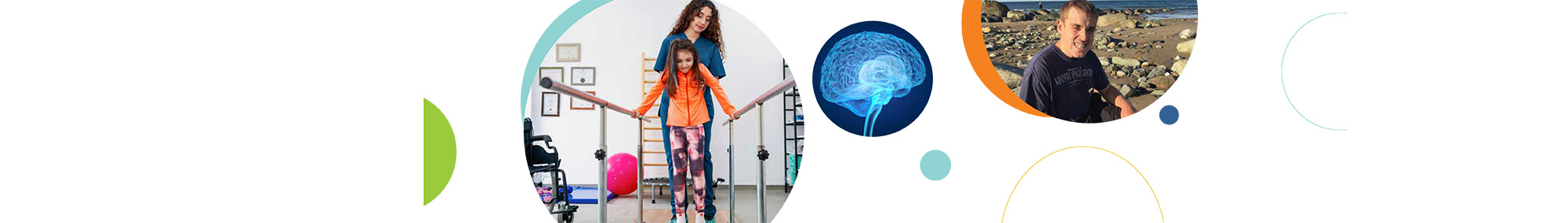 A series of three circular images related to disability research, including a child and health care provider during a physical therapy appointment (left), a 3D brain illustration (center), and a person with Fragile X syndrome at the beach (right).