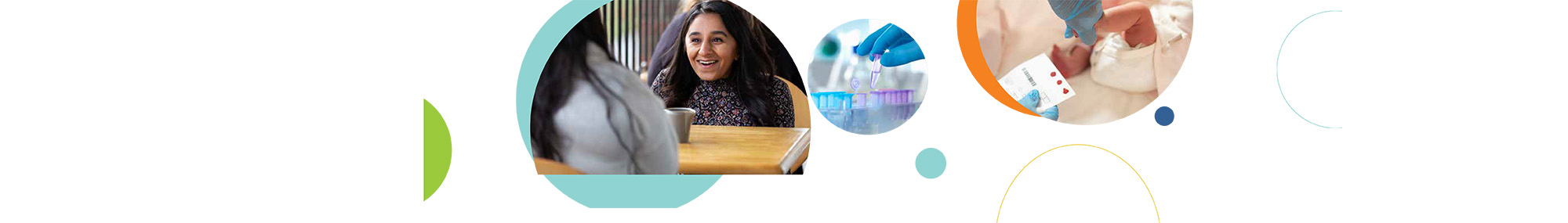 A series of three circular images related to rare diseases research, including a person with osteogenesis imperfecta speaking to someone (left), a test tube(center), and an infant needle stick test (right). 