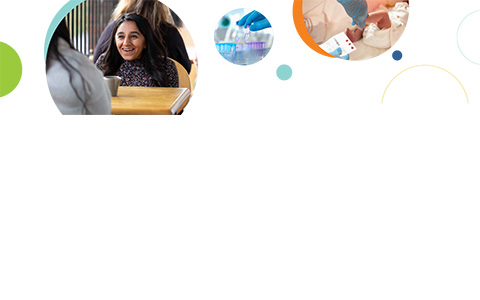 A series of three circular images related to rare diseases research, including a person with osteogenesis imperfecta speaking to someone (left), a test tube(center), and an infant needle stick test (right). 