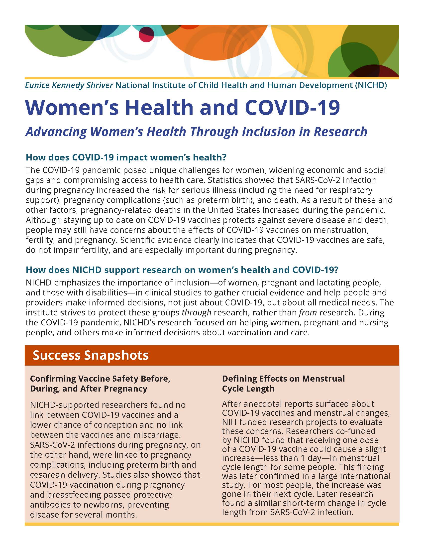 Front side of the NICHD "Women's Health and COVID-19" fact sheet
