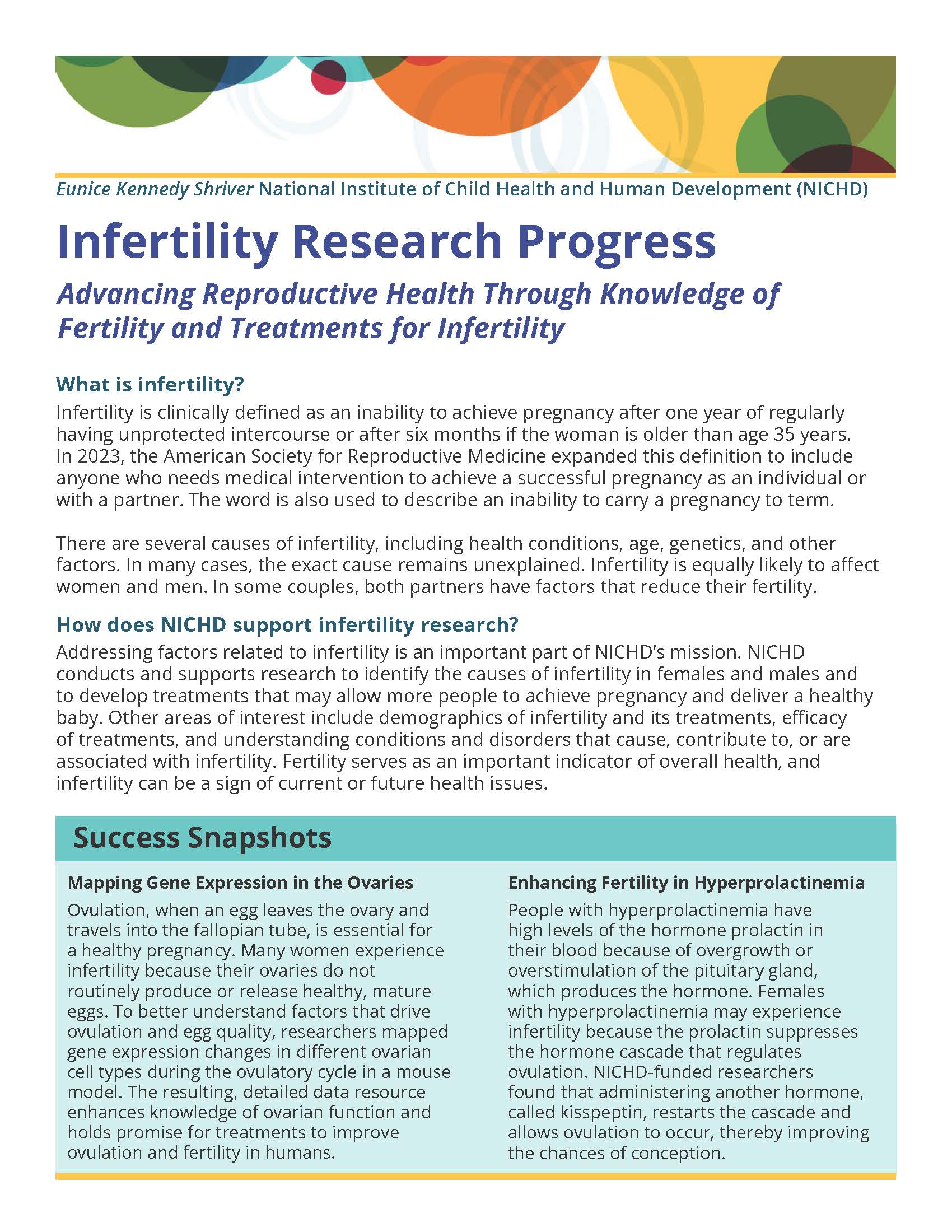 Front side of the NICHD Infertility Research Progress Fact Sheet