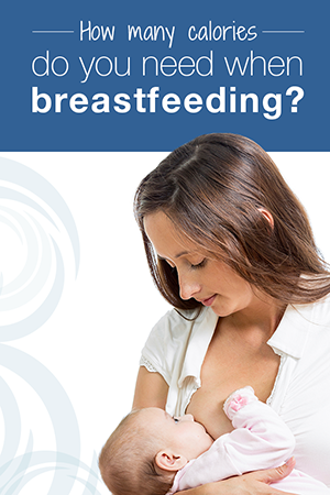 Mother breastfeeding baby; text on top: how many calories do you need when breastfeeding?