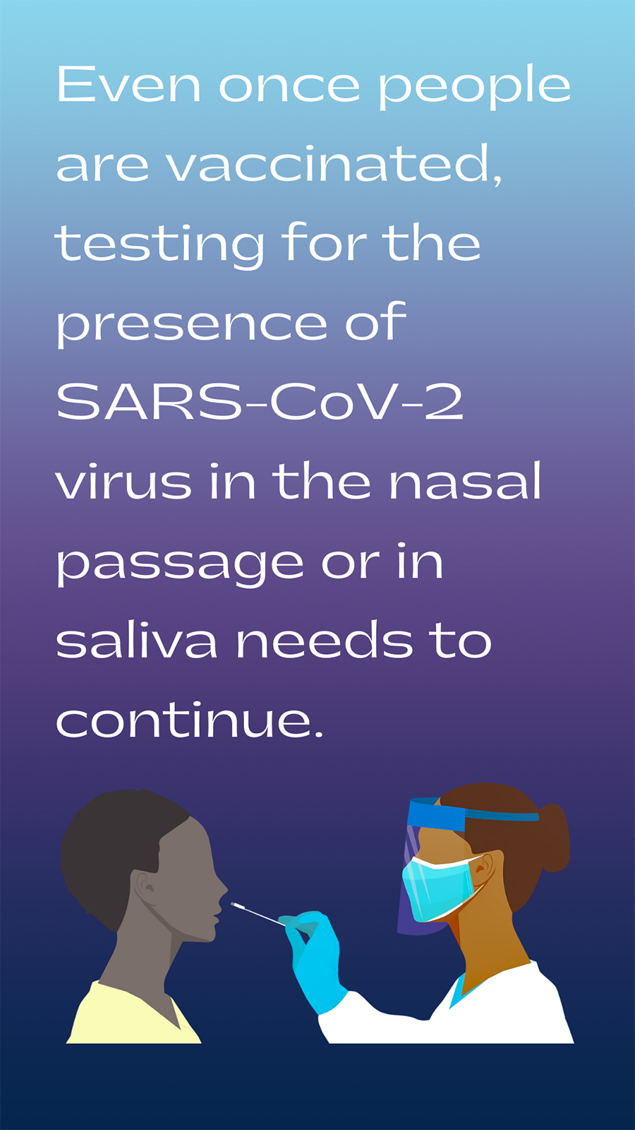 Even once people are vaccinated, testing for the presence of SARS-CoV-2 virus in the nasal passage or in saliva needs to continue.