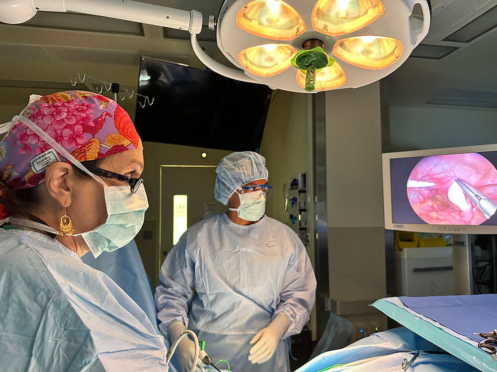 In an operating room, two female surgeons wearing glasses, hairnets, and masks look at a screen showing a close-up of the tissue of the patient being operated on.