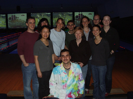 Lab members pose for a photo at a bowling alley.