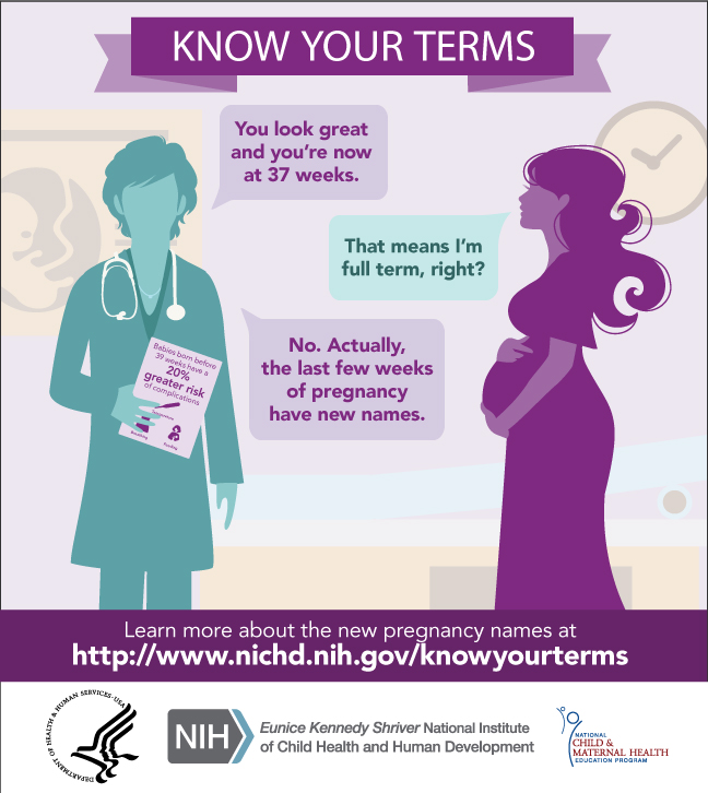Know Your Terms Infocard for Consumers - A doctor tells a pregnant woman: 'You look great and you're now at 37 weeks.' Pregnant woman: 'that means I'm full term, right?' Doctor: 'No. Actually the last few weeks of pregnancy have new names.' Learn more about the new designations at http://www.nichd.nih.gov/knowyourterms. Graphics: NCMHEP, HHS, NIH, NICHD logos.