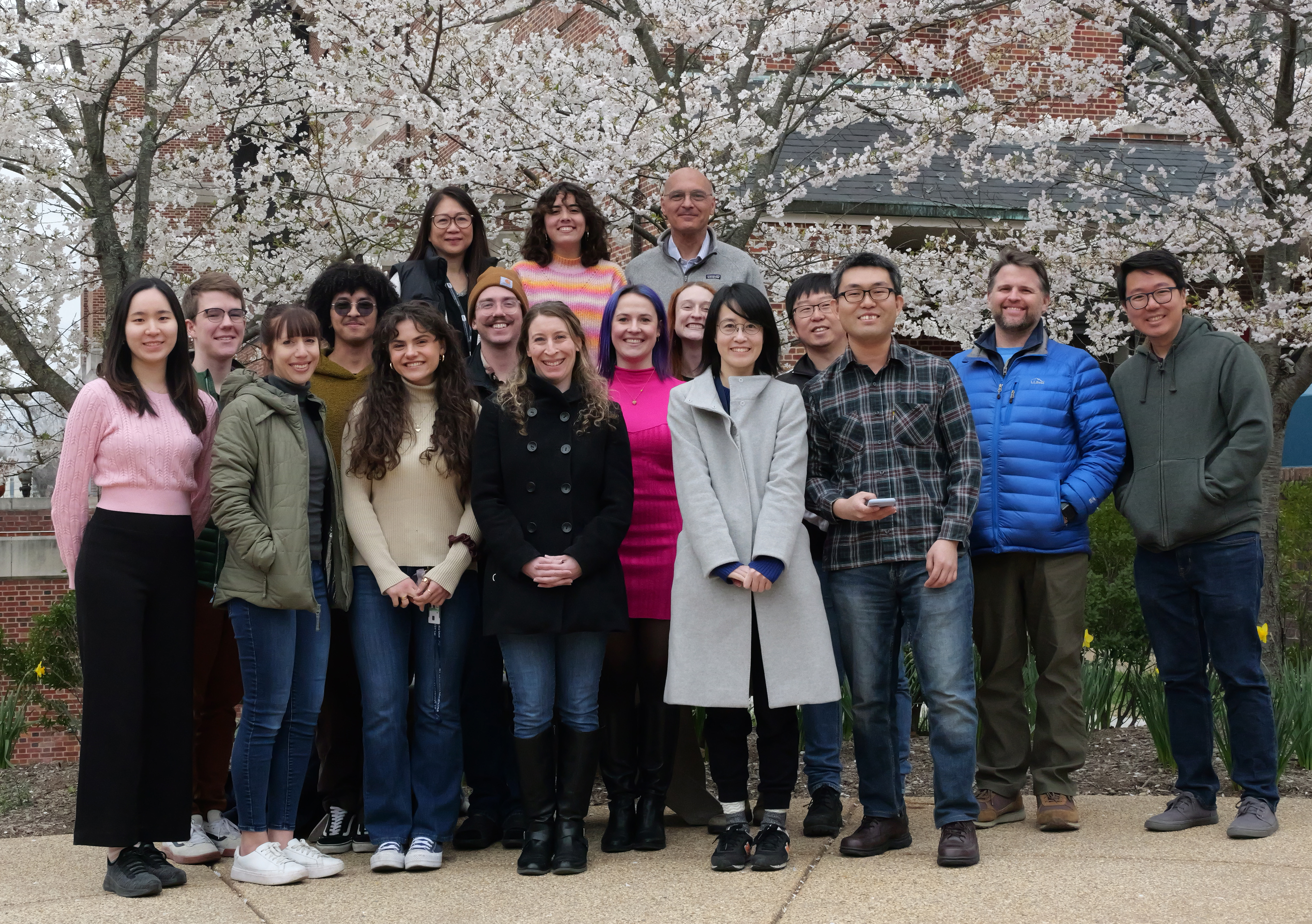 A Spring lab photo on the NIH grounds, March 22, 2024. Upper Row, from left:  Van Pham, Isabelle Cisneros,  Brant Weinstein.  Lower Row, from left:  Yehyun (Abby) Kim, John Prevedel, Miranda Marvel, Jean Sebastian Prosper Santiago, Celia Martinez-Aceves, Charles (Jackson) White, Leah Greenspan, Aurora Kraus, Kathryn Sloane, Kanako Inoue, Jong Park, Kiyohito Taimatsu, Daniel Castranova, Jian Ming (Jimmy) Khor.