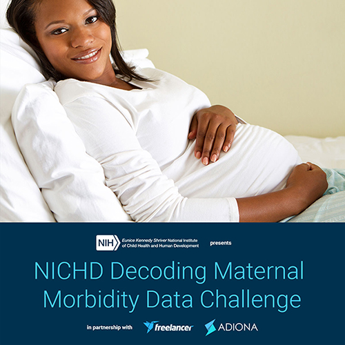 A pregnant woman smiles while reclined. NICHD Decoding Maternal Morbidity Data Challenge