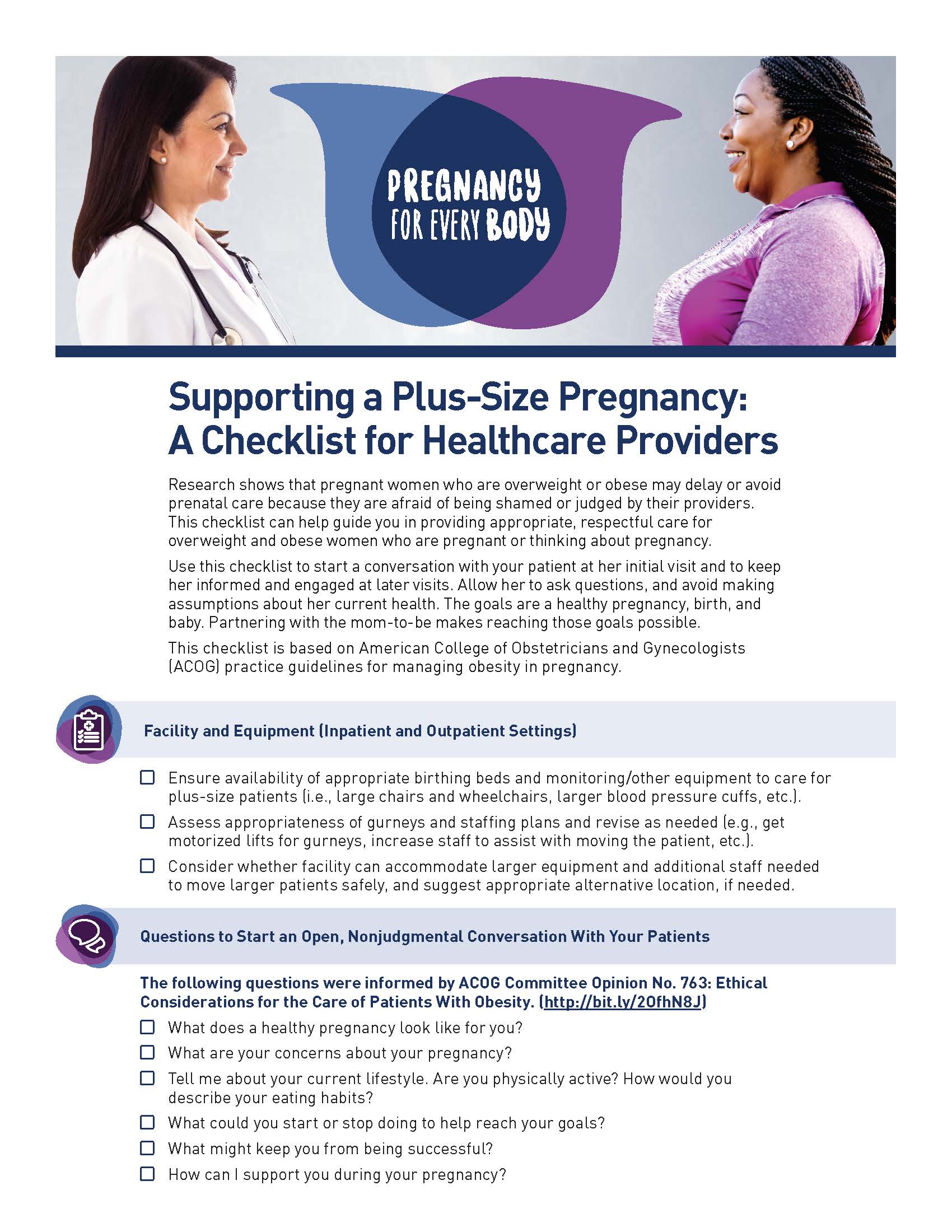 Image of the Pregnancy for Every Body Factsheet: Supporting a Plus-Size Pregnancy: A Checklist for Healthcare Providers.