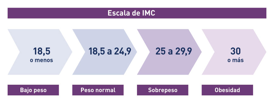 Escala del índice de masa corporal (IMC). IMC de 18,5 o menos, bajo peso. IMC de 18,5 a 24,9, peso normal. IMC de 25 a 29,9; sobrepeso. IMC de 30 o más, obesidad.