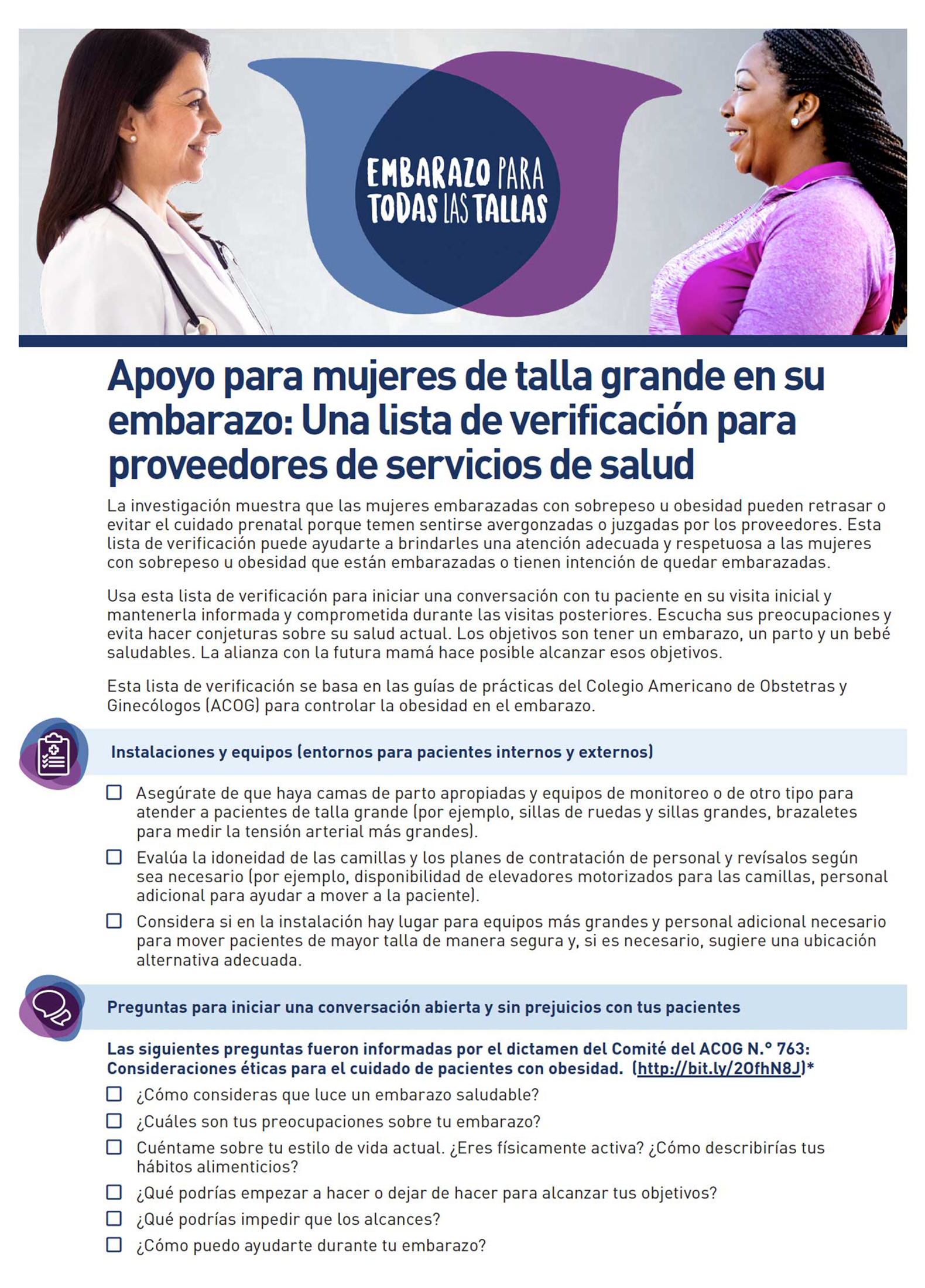 Imagen de la hoja de datos de Embarazo para todas las tallas. Apoyo a un embarazo en mujeres de talla grande: Una lista de verificación proveedores de servicios de salud.