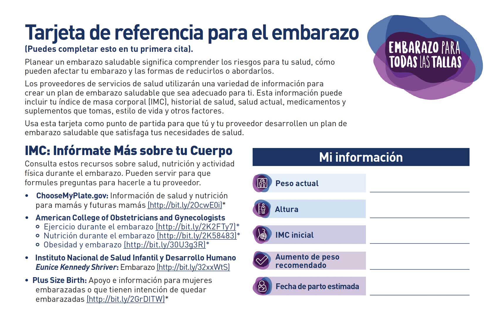 Imagen de la hoja de datos de Embarazo para todas las tallas. Tarjeta de referencia para el embarazo.