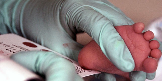 Health care providers use a drop of blood from a newborn infant’s heel to test for congenital hypothyroidism. This heel-prick test was developed by NICHD-funded researchers in 1974.