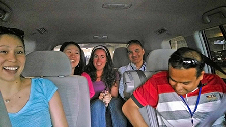 Lab members in a van.