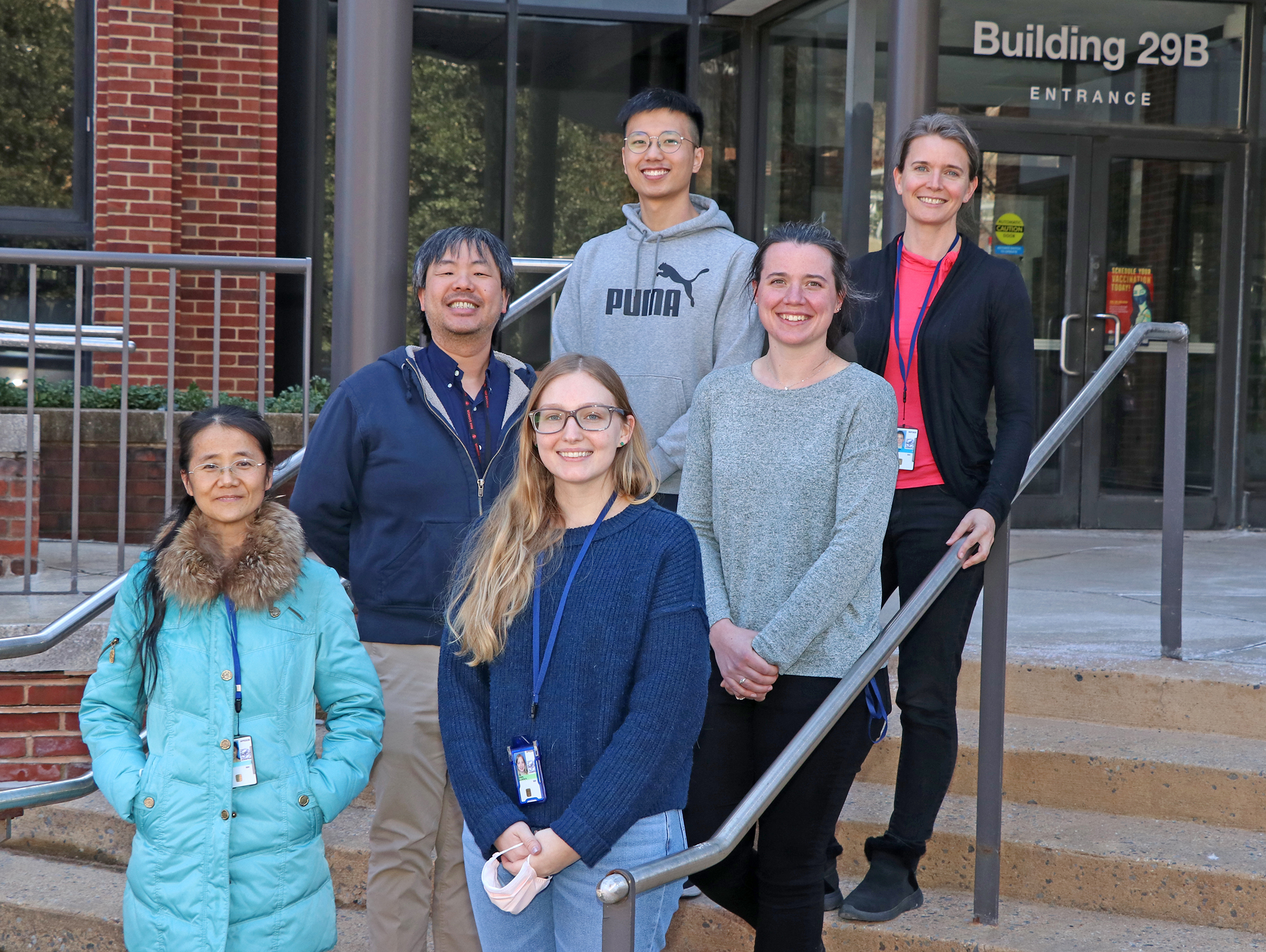 Matthies lab group photo.  In the first row from left to right is Fei Zhou and Allison Zeher.  Second row from left to right is Rick Huang and Elissa Moller.  In the third row from left to right is Louis Tung Faat Lai and Doreen Matthies.