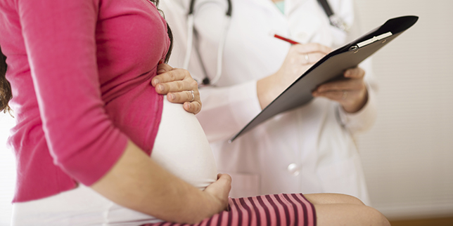 A pregnant woman meets with her doctor.