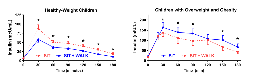 Graphs illustrating the amount of insulin in the blood after oral glucose intake for children of different weight. Although the insulin amount for children Overweight and Obesity rose to 3 times of that for Healthy-Weight Children after 30 minutes, and remained 3 times as high after 180 minutes, the amount for both fell steadily over time, and it fell more for children who interrupted their sitting with walking.