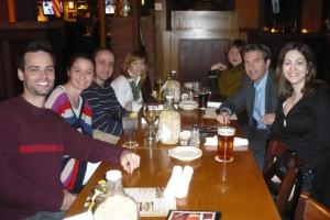 Group of lab members in a restaurant.