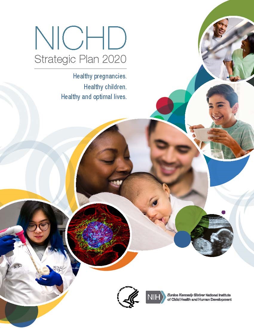 cover of NICHD strategic plan 2020 showing a collection of images of a researcher in the lab, partners cuddling their baby, a man getting physical therapy, a boy eating out of a bowl and a sonogram image of a baby.