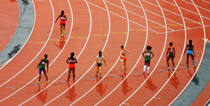 women's track and field at the start line