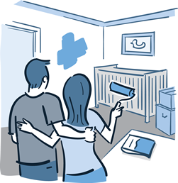 Illustration of a man and woman painting the walls of a nursery room. 