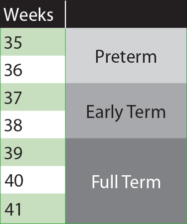 Chart illustrating preterm (35-36 weeks), early term (37-38 weeks), and full term (39-41 weeks)