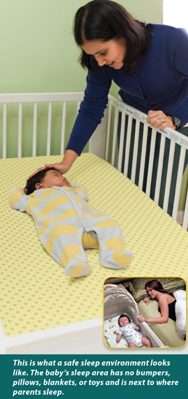 Mother next to crib, comforting sleeping baby with text: This is what a safe sleep environment looks like. The baby's sleep area has no bumpers, pillows, blankets, or toys and is next to where parents sleep.