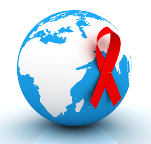 Globe and red AIDS ribbon; Europe and Africa view.