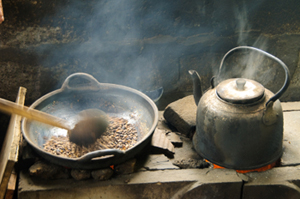 Kettle and pan on cookstove