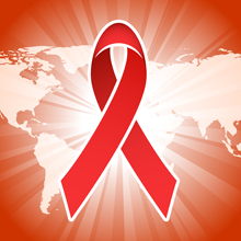AIDS ribbon on red world map background