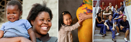 A picture of a woman holding a child, a child touching a mothers stomach, and a group of people sitting on steps